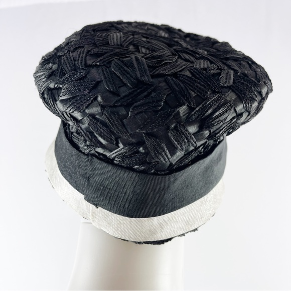 Vintage Mr. John Classic Black Woven Pillbox Style Hat with White Trim - Picture 4 of 8